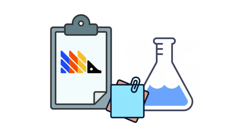 PostHog logo on a clipboard beside a laboratory flask, illustrating experiment naming
