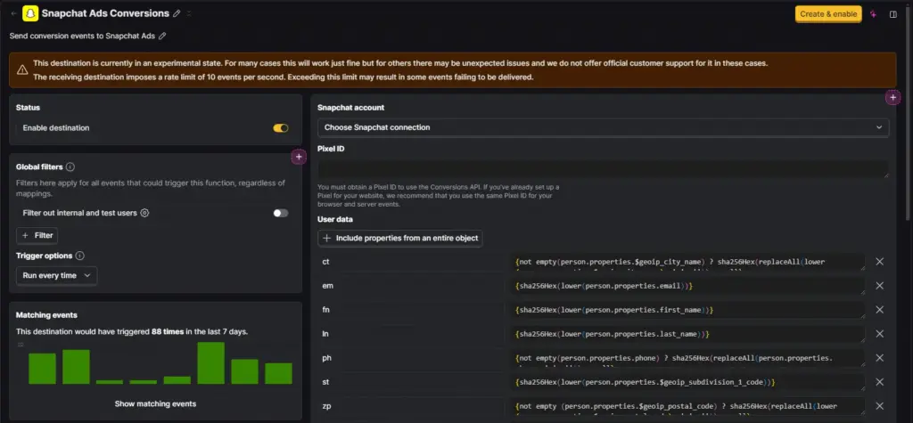 PostHog Snapchat Ads Conversions destination settings with account, Pixel ID, and user data fields