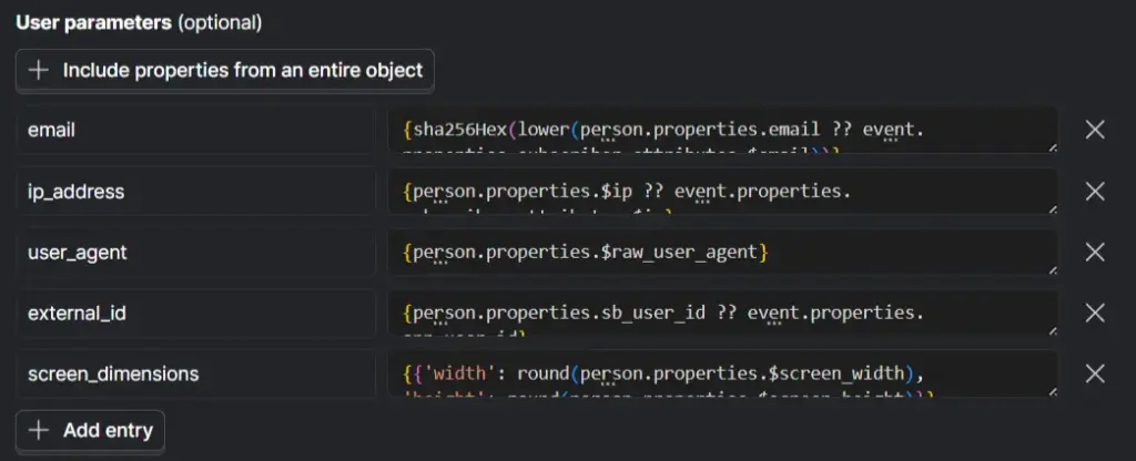 PostHog user parameter mappings for email, IP address, user agent, external ID, and screen dimensions