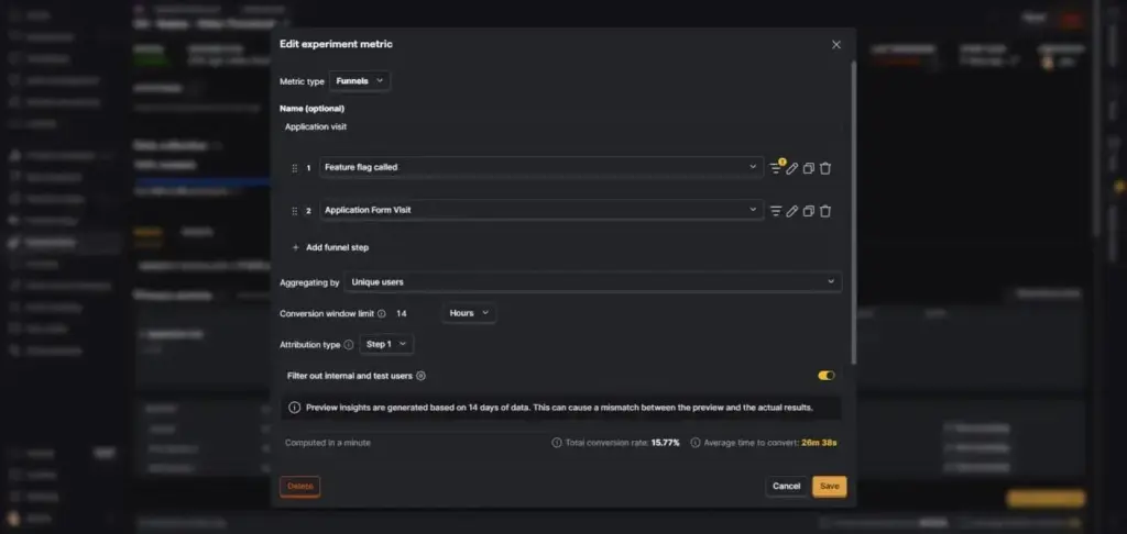 PostHog Edit experiment metric dialog showing a funnel from Feature flag called to Application Form Visit