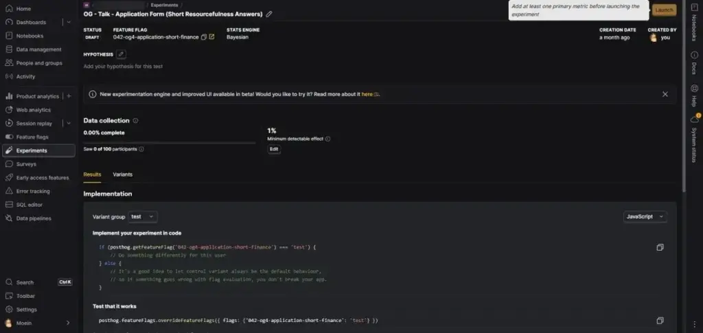 PostHog experiment page showing draft status and feature-flag implementation code