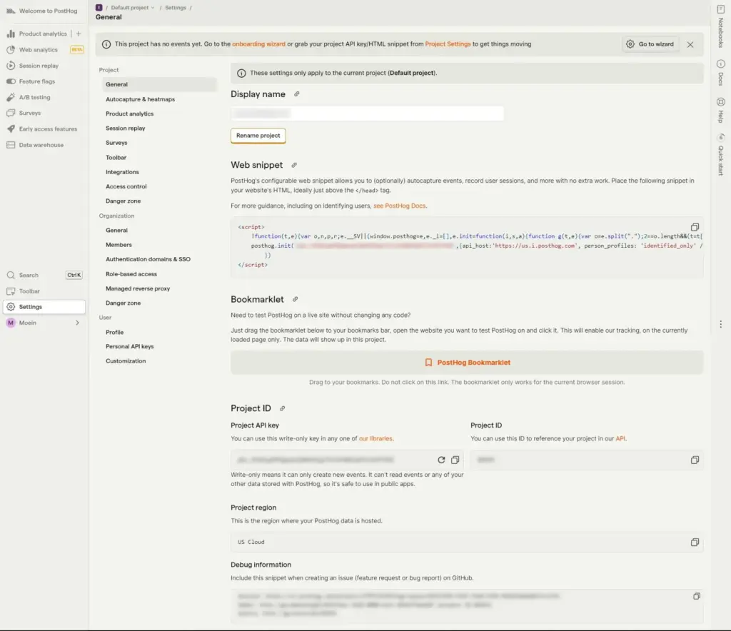 PostHog Project Settings showing the web snippet