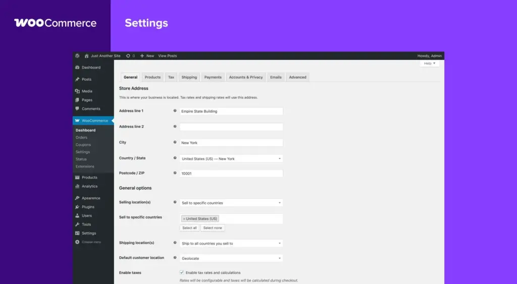WooCommerce settings with store address and shipping options