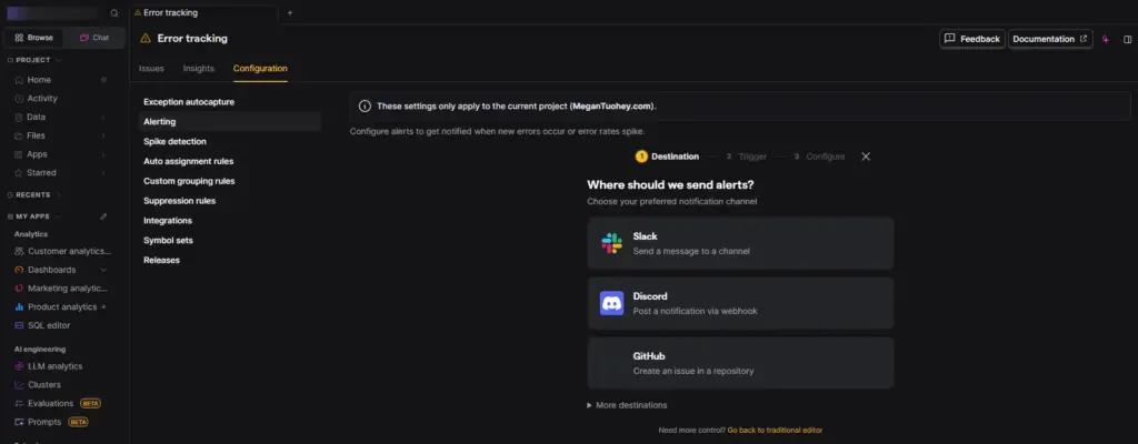 PostHog Error Tracking alert setup showing Slack, Discord, and GitHub notification destinations