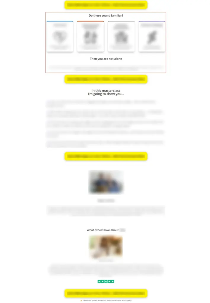Screenshot of Test Group 1 landing-page variant showing the “Do these sound familiar?” section near the top of the page.