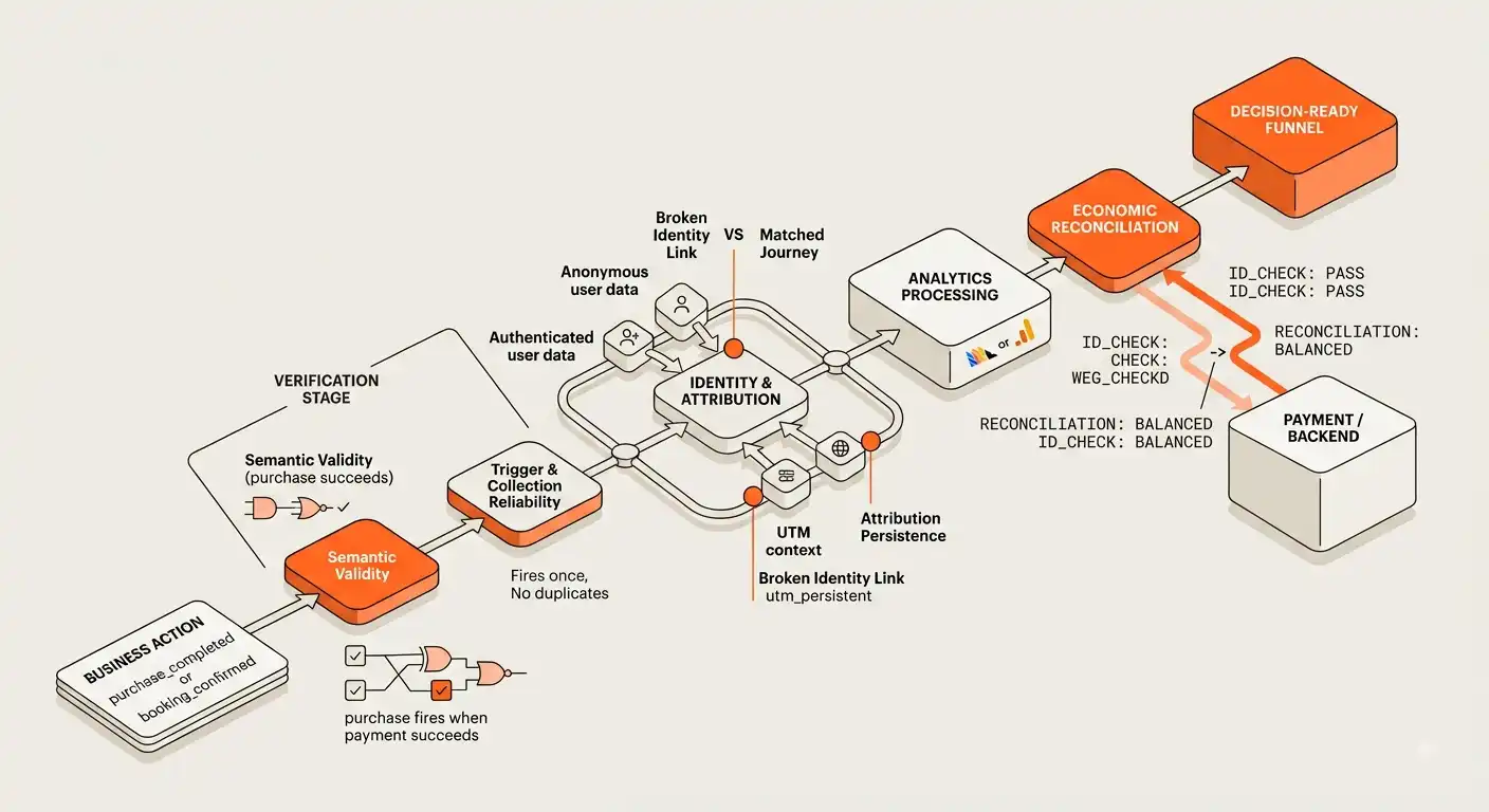 Diagram showing a conversion tracking audit from purchase validation through identity, analytics processing, and payment reconciliation to a decision-ready funnel.