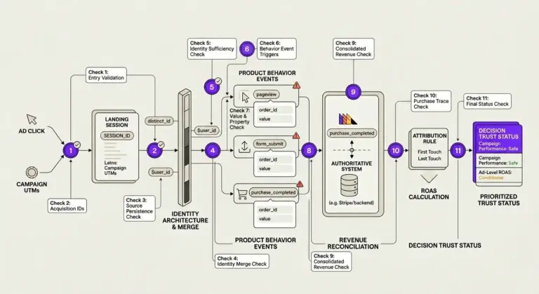 Infographic tracing a PostHog audit from ad click and campaign UTMs through identity, behavior events, revenue reconciliation, attribution, ROAS, and decision trust status.