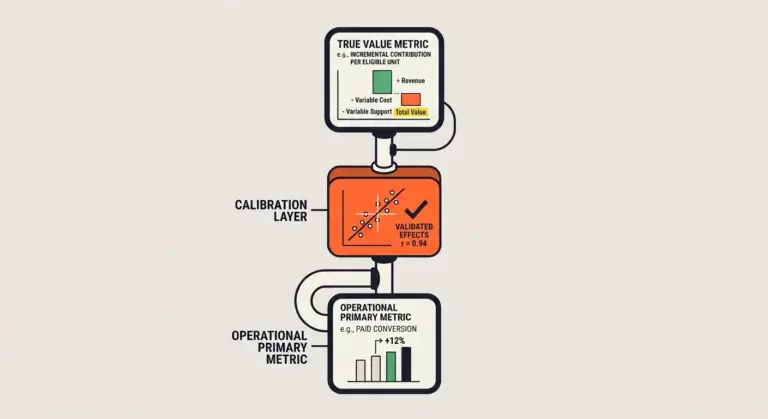 Diagram showing a true value metric passing through a calibration layer to an operational primary metric.
