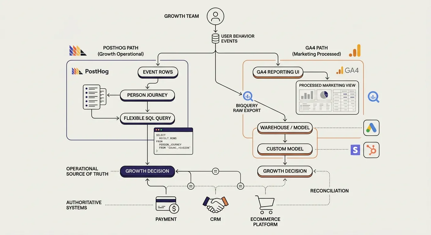 Diagram comparing PostHog's event and person-journey path with GA4's processed marketing path to growth decisions, with BigQuery, warehouse models, and payment, CRM, and ecommerce data.