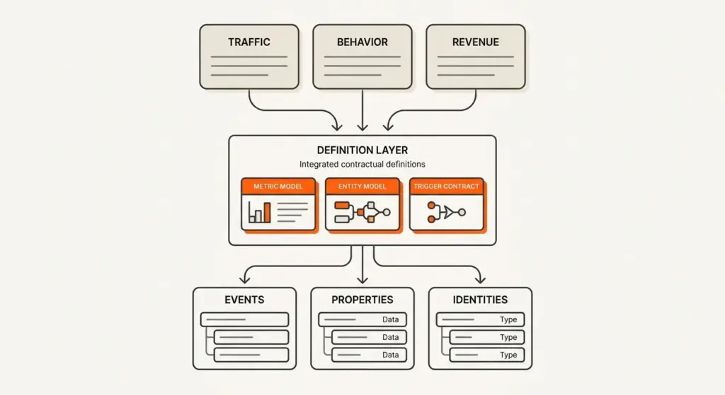 Event tracking plan diagram: traffic, behavior, and revenue flow through metric, entity, and trigger contracts to events, properties, and identities.