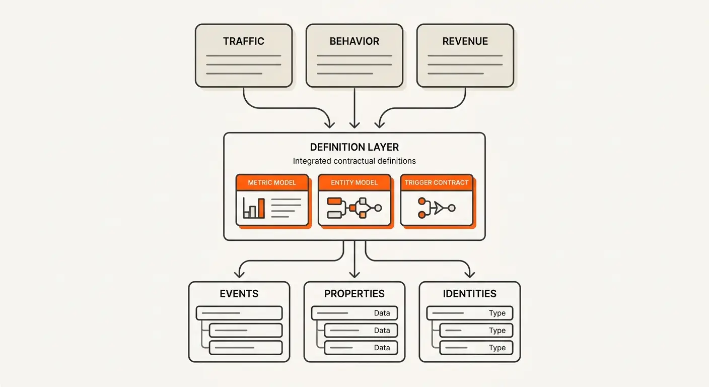 Event tracking plan diagram: traffic, behavior, and revenue flow through metric, entity, and trigger contracts to events, properties, and identities.
